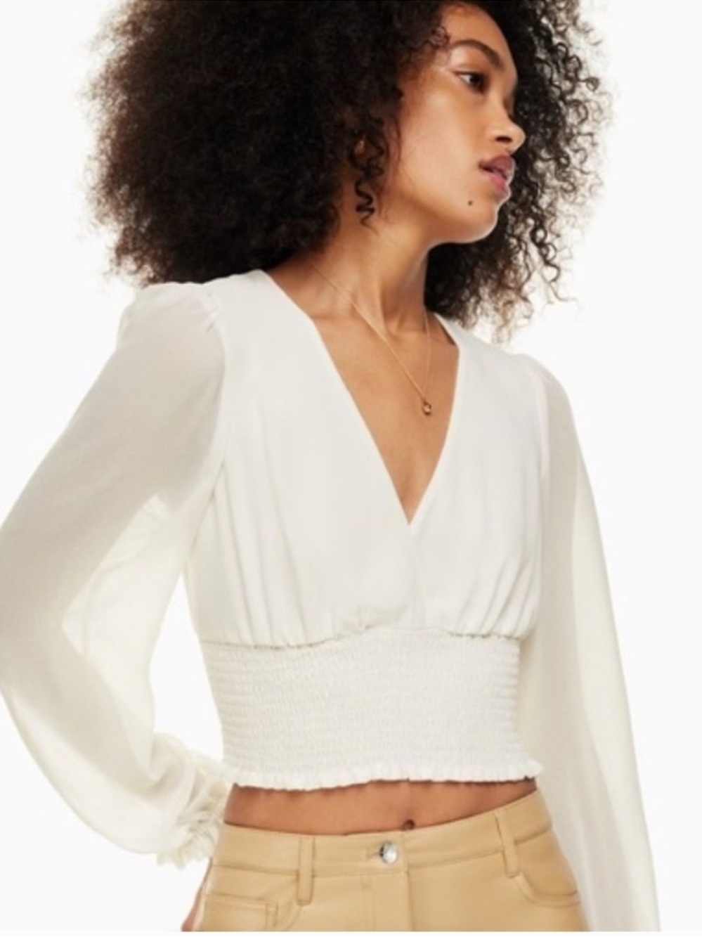 Aritzia White Smocked-Waist V-Neck Crop Top
